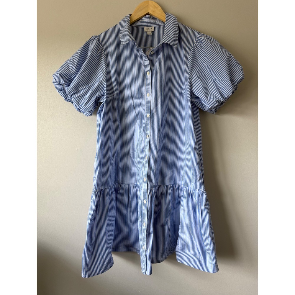 J.Crew Shirt Dress 14 Blue White Striped Puff Sleeve Tiered Button Front NEW